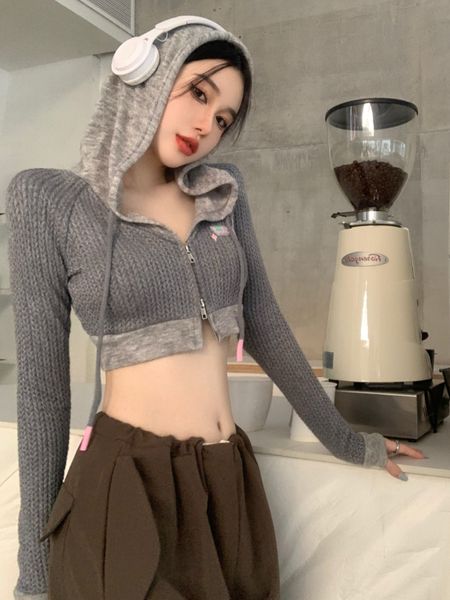 

women's knits tees deeptown y2k vintage hooded cropped cardigan women harajuku kpop zipper knitted sweater korean fashion slim long sle, White