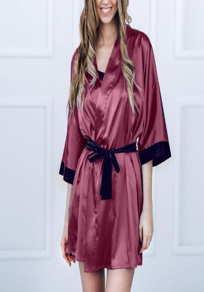 

women silk satin kimono robe lace bathrobe lingerie sleepwear pajamas nightdress robe nightie gown bathrobe kimono j607445496, Black;red