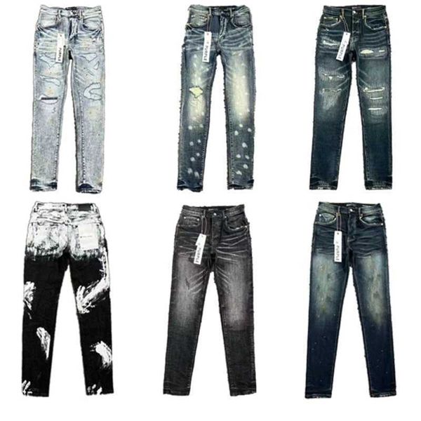 

purple-bran*designer brand purple mens pants ripped straight regular denim tears washed old long jeans hole, Blue