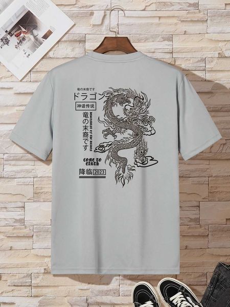 

men's fashion en japanese letter dragon graphic, White;black