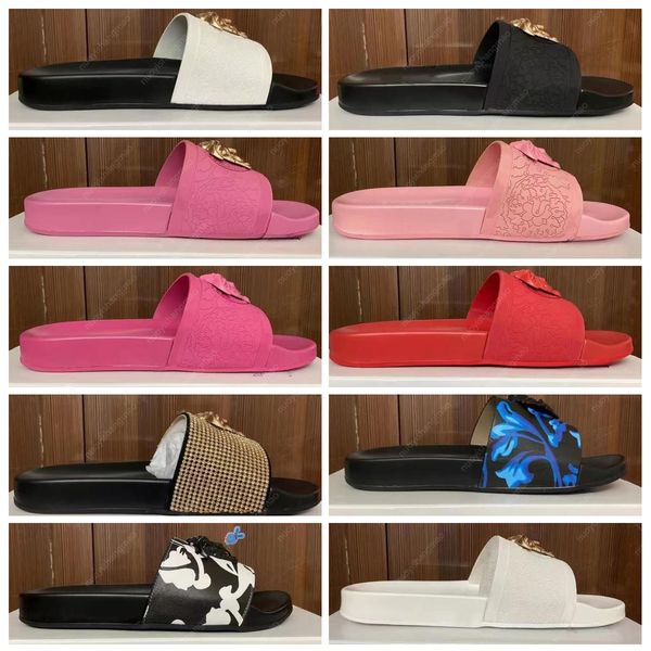 

womens sandal designer sandals summer walk women designer flats mens sliders relief leisure beach sandals metal rhinestone gold pink beauty, Black