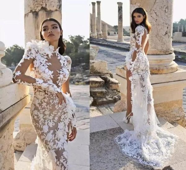 

arabia mermaid wedding dress 2023 berta high collar side slit illusion lace appliques long sleeve sweep train boho bridal gown gj01396661, White