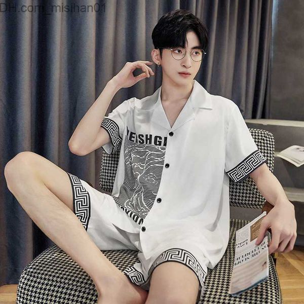 

men's sleepwear fashionable summer new ice silk pajama set for men's short sleeved cartoon casual men's satin loose casual yo, Black;brown