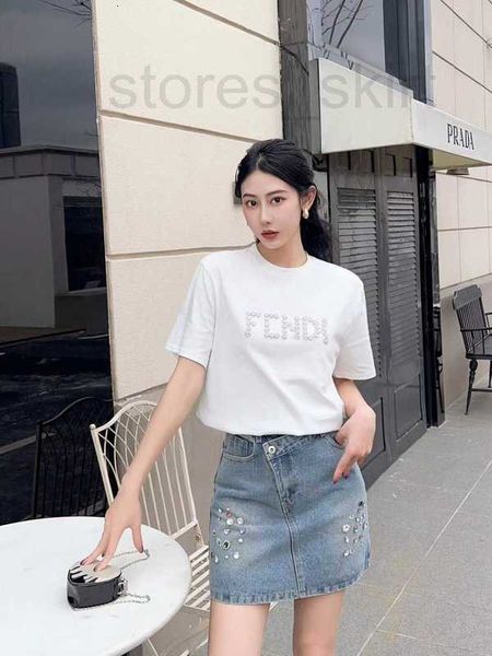 

women's t-shirt designer 2023 spring/summer new handmade bead piece nailed round neck versatile fashion short sleeve t-shirt ocup, White