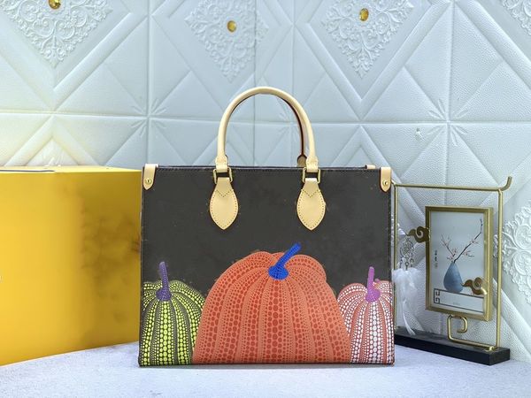 

pumpkin print yk x mini onthego mm women tote bag m46467 yayoi kusama leather shoulder handbag with 2023 dots on the go