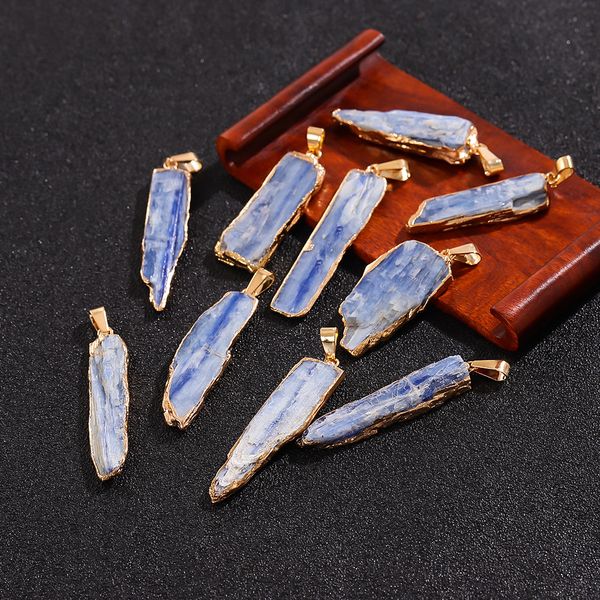 

natural raw blue druzy quartz pendant gold silver edged long crystal pillar charms for necklace earrings jewelry making accessory, Bronze;silver
