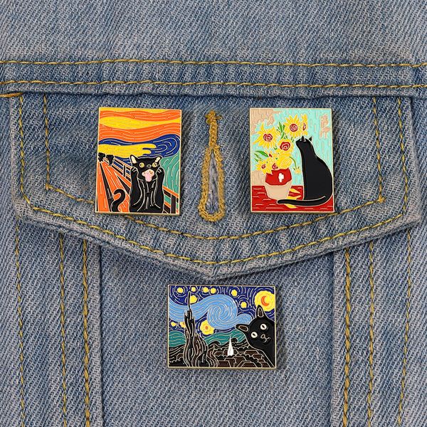 

cats in oil painting enamel pin custom funny black kitten sunflower brooch lapel badge animal jewelry gift for kids friends, Gray