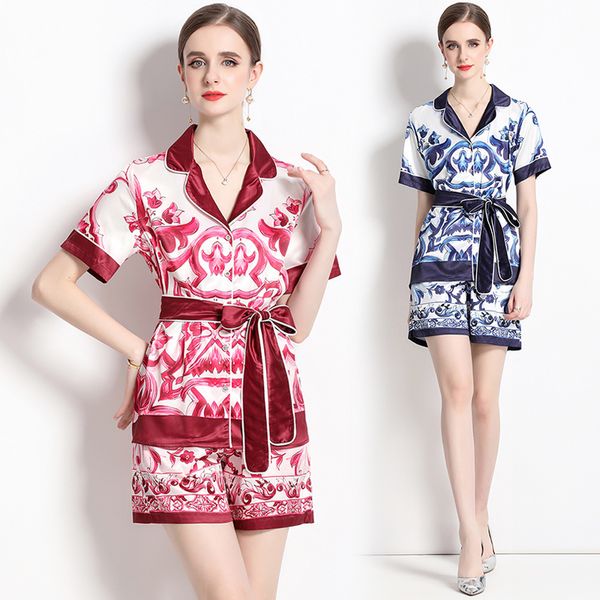 

retro paisley women pajamas sets luxury designer floral print short sleeve and shorts two piece set 2023 going out vacation graceful sweet g, White