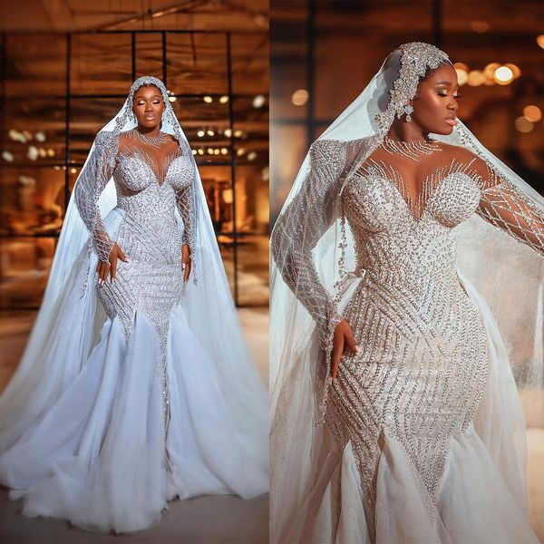 

modern mermaid wedding dress sheer jewel neck crystal beading bridal gowns sweep train custom made long sleeve plus size bride robes, White