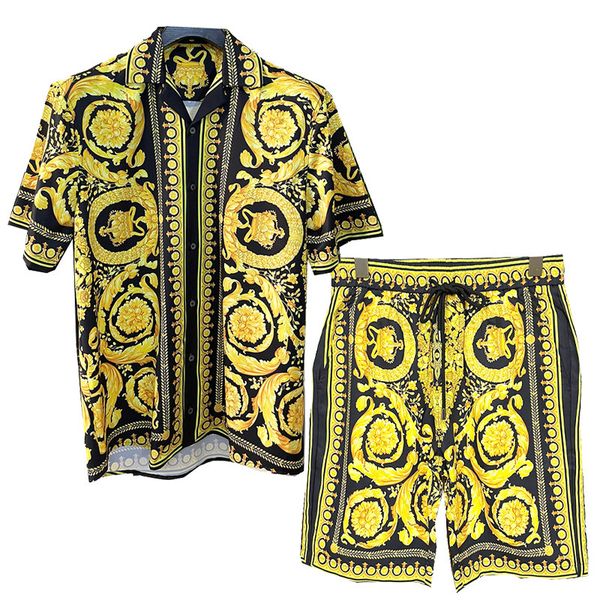 

men's tracksuits fashion brand label baroque shirt and shorts sets for men summer hawaiian tracksuit crown printed short sleeve beach s, Gray