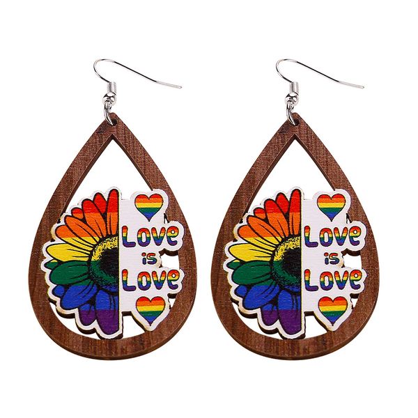

wood hollow rainbow heart flower drop earrings for women new trendy vintage water drop flag love pendant earring wedding jewelry, Silver