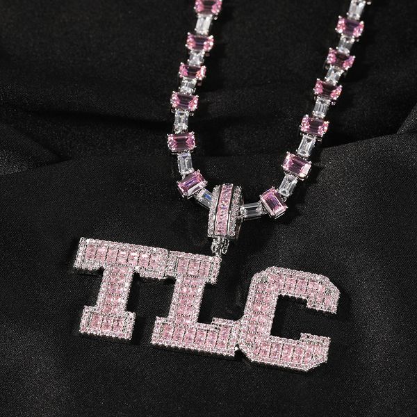 

charm pink zircon a-z letters pendant necklace with pink zircon tennis chain, Silver