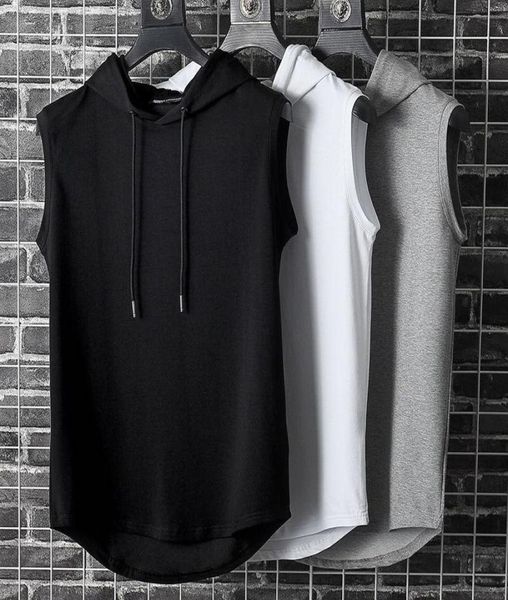 

men039s tank summer mens muscle hoodie vest sleeveless bodybuilding gym workout fitness shirt hip hop sweatsh2546177, White;black