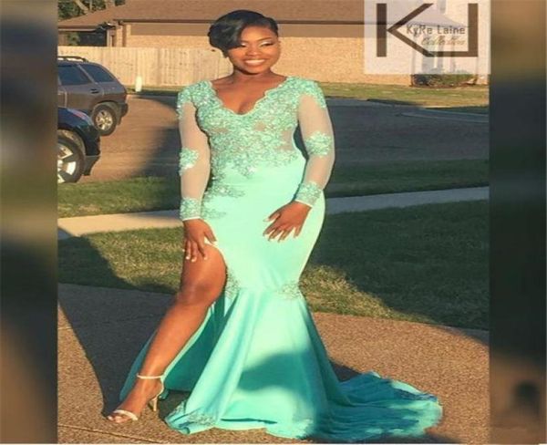 

2019 mint green african long sleeves evening dresses lace appliques mermaid side split prom dress v neck black girls party go6806687, Black;red