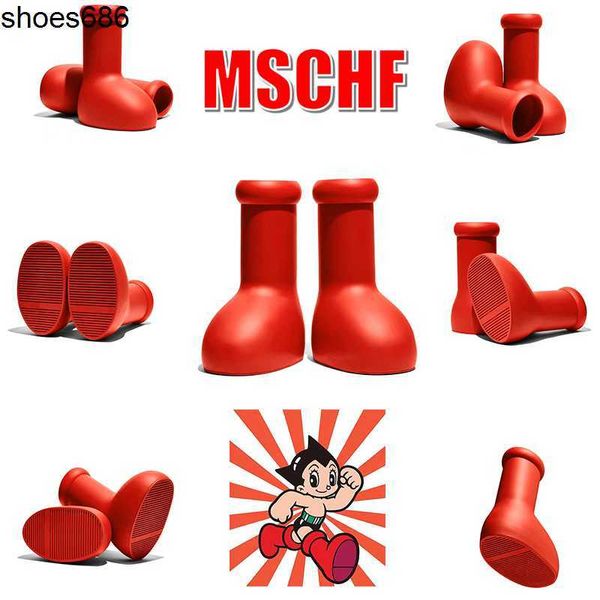 

2023 new mschf big red boot astro boy cartoon boots men women smooth rubber rainboots mens womens round toe fashionboots cute kneeboots, Black