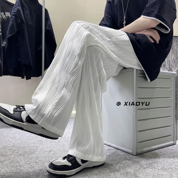 

men's pants men's fashion straight pleated pants elastic waist casual pants men's street loose ice silk wide leg pants white, Black