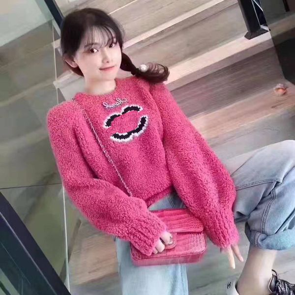 

2023 brand embroidery round neck lady lamb fur clothing spring and autumn fashion base to wear brand sweater woman, White;black