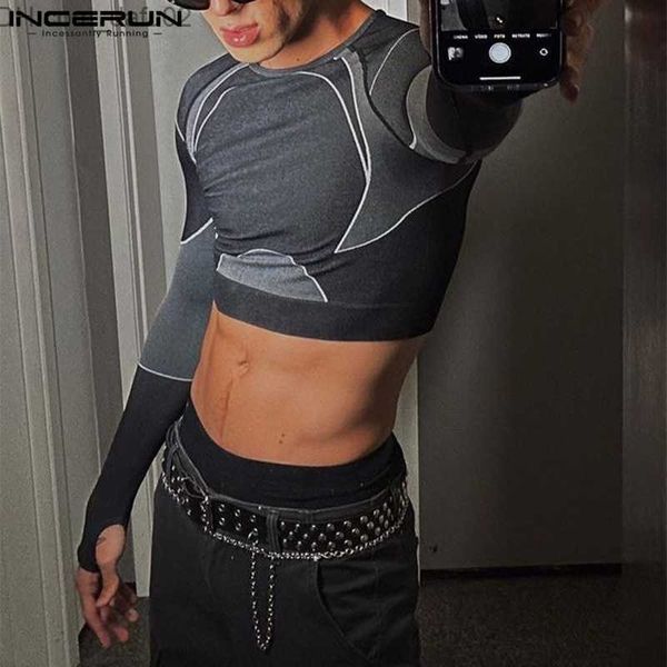 

men's sweaters men's t-shirt patch work suit 2023 o-neck long sleeve street clothing men's crop exercise fashion tight casual, White;black