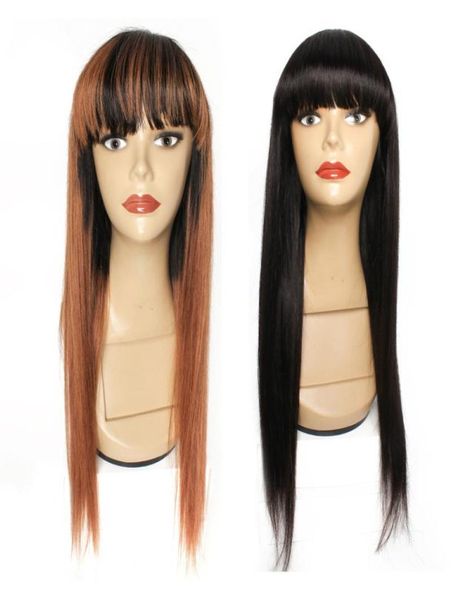 

full machine made wigs with bang indian human hair glueless wig black medium brown ombre color straight wigs1095253, Black;brown