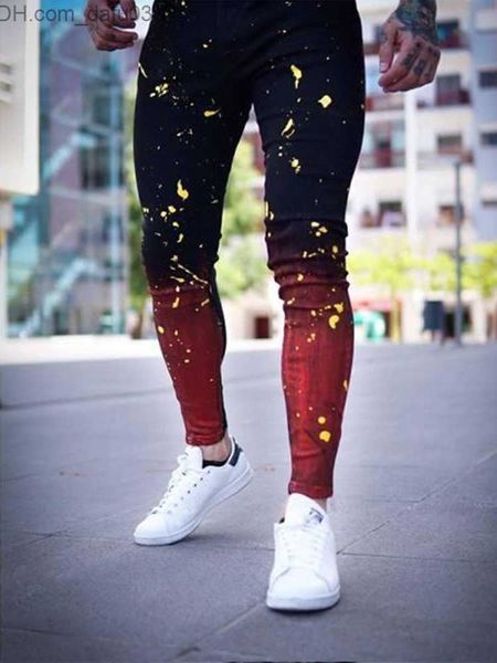 

men's pants black red street gradient men's hip-hop painted jeans denim fashion cycling ultra-thin cracked tight jeans men's