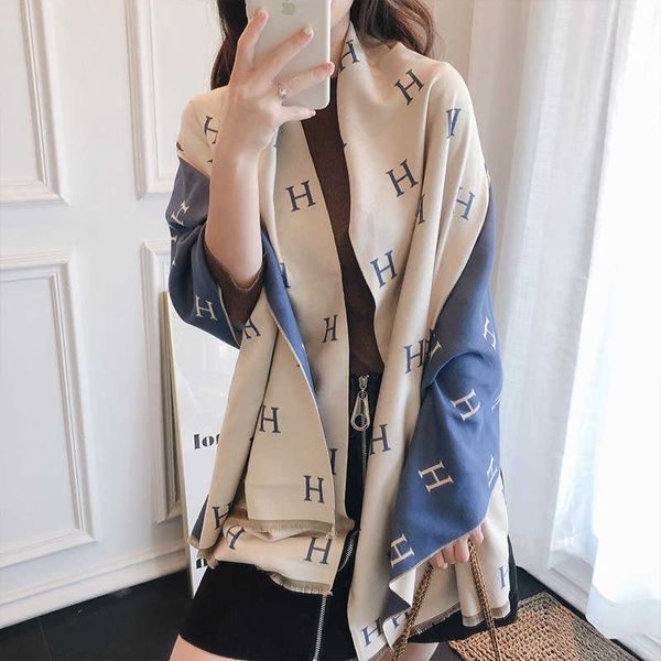 

h home womens scarf wholesale autumn and winter new letter colored imitation cashmere brushed scarf korean version thickened tassel warm ai, Blue;gray