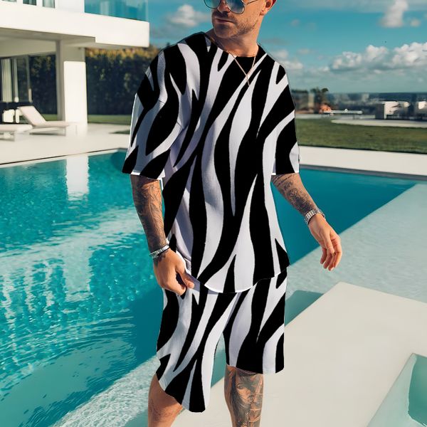

men's tracksuits outfit summer short t shirt set fashion 2 piece streetwear 3d black and white printed sports beach shorts sportswear, Gray