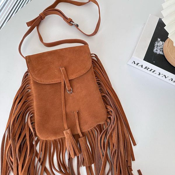 

suede iphone bag tassels crossbody flat bag shoulder bags flap purse women clutch bag brown black frosting full leather classic letter hardw