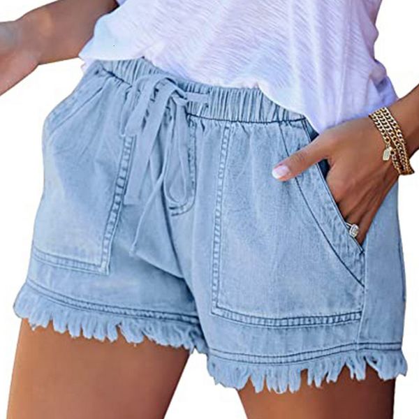 

women's short's washed denim shorts casual drawstring elastic waist frayed hem loose short jeans 230720, White;black