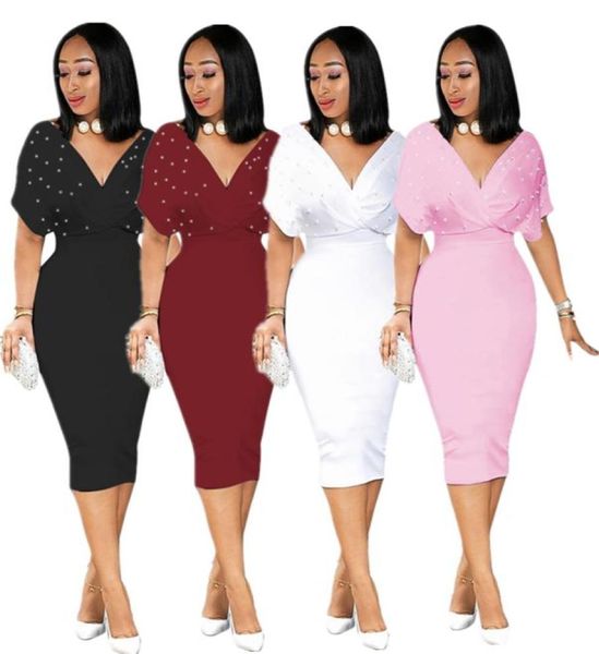 

summer women039s plus size dresses loose bat short sleeve pearl dress deep v neck elegant dress party whole dropshippi7152805, Black;gray