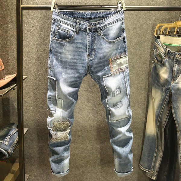 

men's jeans patch denim brand slim korean splicing washed men spring autumn student cargo pants 230720, Blue
