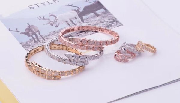 

luxury fashion brand jewelry sets lady brass full diamond single wrap serpent 18k gold open wide bracelets rings sets (1sets) 3 color6550646, Slivery;golden