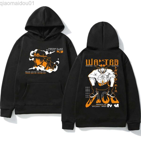 

men's hoodies sweatshirts japan anime one piece portgas d ace double-sided print hoodie harajuku manga autumn winter long sleeve hooded, Black