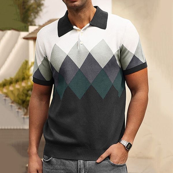 

men's polos men's diamond jacquard knit sweater short sleeve polo shirt casual streetwear lapel button breathable summer tees 2307, White;black