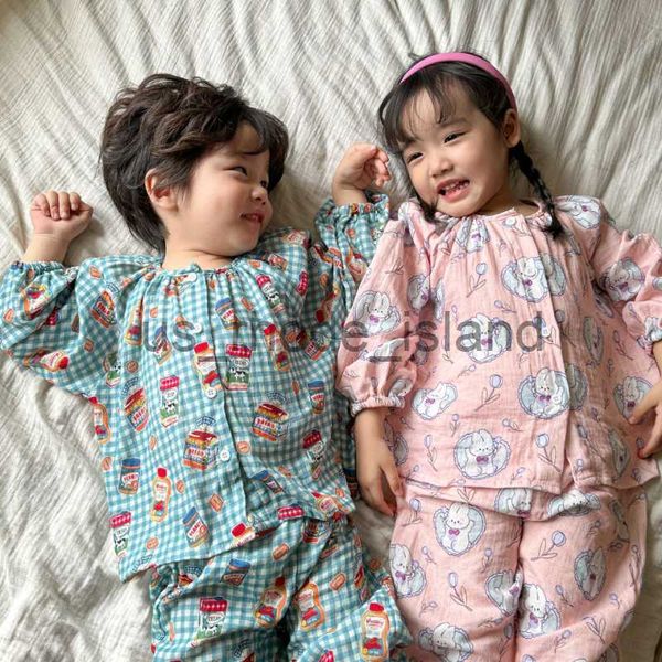 

pajamas new spring children cotton double gauze soft pajama sets boys girls cartoon long sleeve and pants homewear x0721, Blue;red