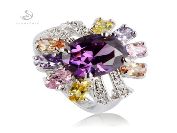 

shunxunze sell wedding rings jewelry for women pink peridot morganite blue yellow purple cubic zirconia rhodium plated r368 s8493417, Silver