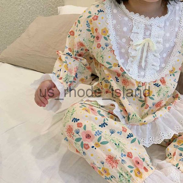 

pajamas kid sleepwear girl floral pajama set.vintage spanish style toddler embroidered lace pyjama set nightwear.children clothing 11t x0721, Blue;red