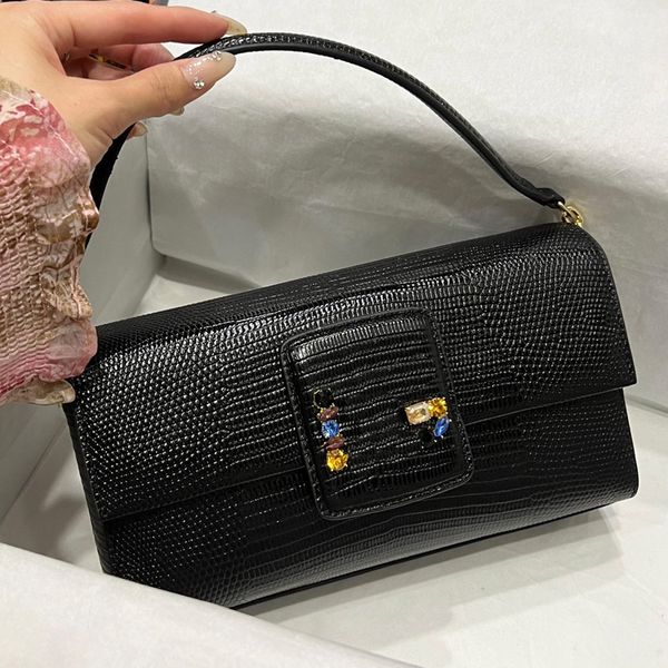 

lizard pattern handbag designer totes bag diamond studded letter buckle shoulder cross body bags leopard lining flap imported cowhide hand p