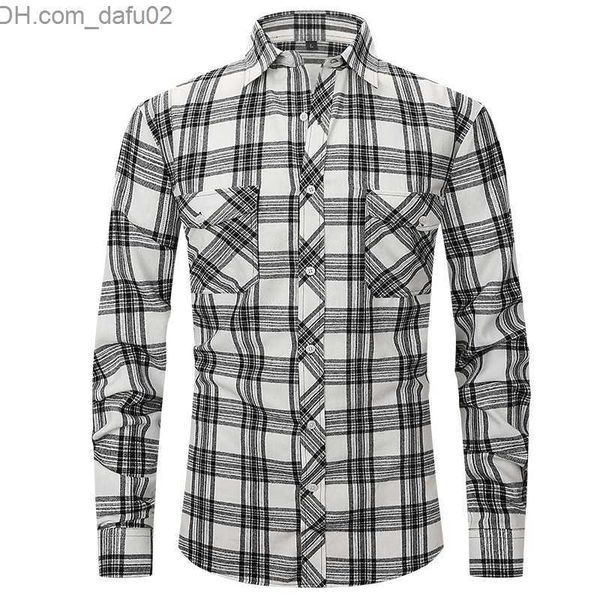 

men's sweaters new men's plaid shirt spring and autumn men's long sleeve double pocket flannel shirt men's plain z230721, White;black