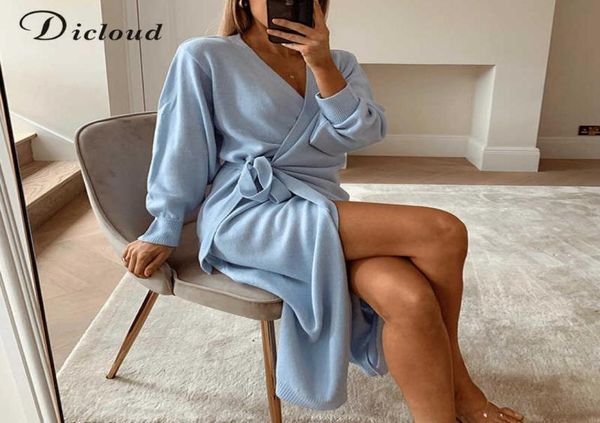 

dicloud long women knitted wrap dress autumn winter oversize elegant day dress v neck knitwear robe ladies clothes t2008199158782, Black;gray