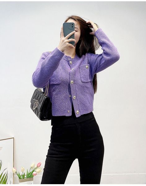 

authentic maje purple round neck knit cardigan, Black;brown