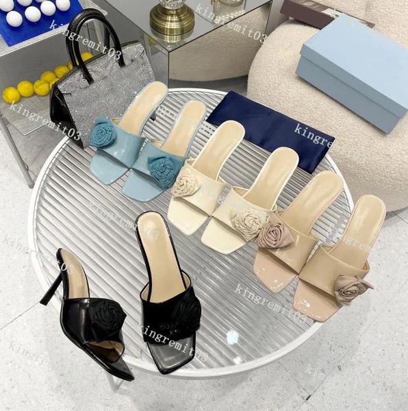 

designer sandals quilted nappa sandal soft suede leather slippers chunky heel flower stiletto heel fashion slipper high heels with box, Black