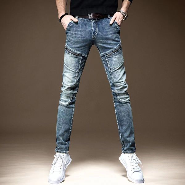 

mens jeans style autumn vintage solid color classic spring men slim fit elastic fashion denim trousers male nz20 230720, Blue