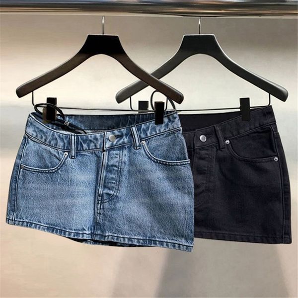 

skirts good quality high waist slanted skirt girl versatile denim 230720, Black