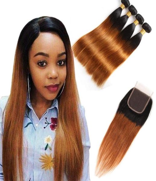 

brazilian human hair bundles with 4x4 lace closure straight 4 pieceslot 1b30 double color straight 1b 306360522, Black;brown