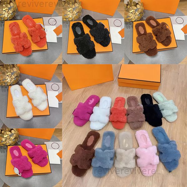 

designer luxury slide women oran slippers trendy fashion wool slipper warm comfort flat bottom slippers autumn winter shoes size 35-42, Black