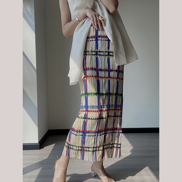 

skirts pleated japanese mid century section ethnic style half women skirt colorful summer slim striped straight 230720, Black