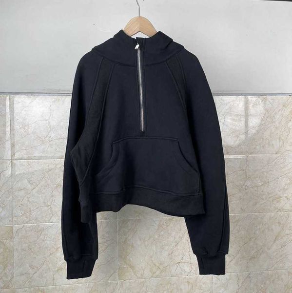 

designer new embroidered short suit half zip sweater plush thickened pullover loose hooded sports coat for women lululemens women black 23ss, Black;brown