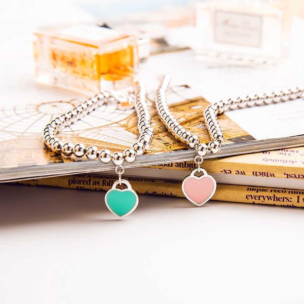 

original s925 silver tiffay pink blue heart enamel pendant female bracelet love ball lover gift, Golden;silver