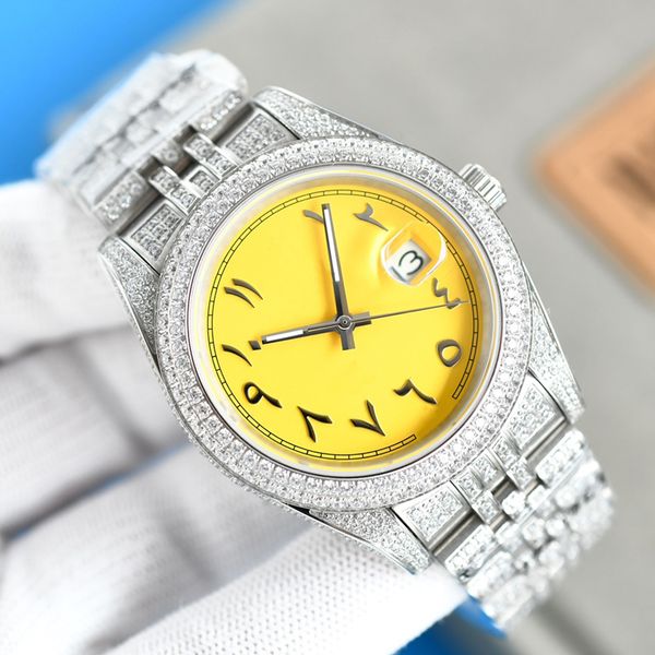 

6 styles mens luxury diamonds watch silver cz stones watches yellow dial arabic numerals automatic 41mm waterproof 904l sapphire with box, Slivery;brown