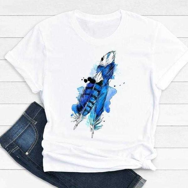 

feather women's short sleeved t-shirt chubby mm fashionable printed short sleeved short sleeved bottom shirt, White